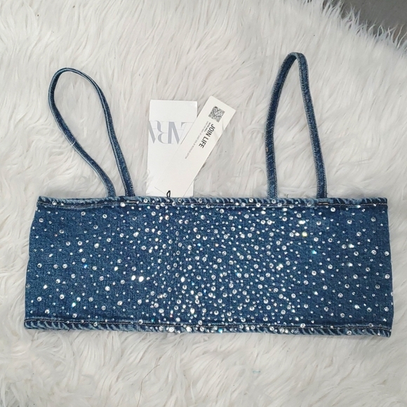 NWT Zara denim rhinestones crop top - Picture 8 of 16